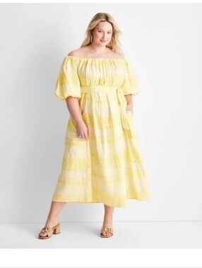 Yellow Off-Shoulder Midi Dress with Self-Tie Waist Jenny K Lopez